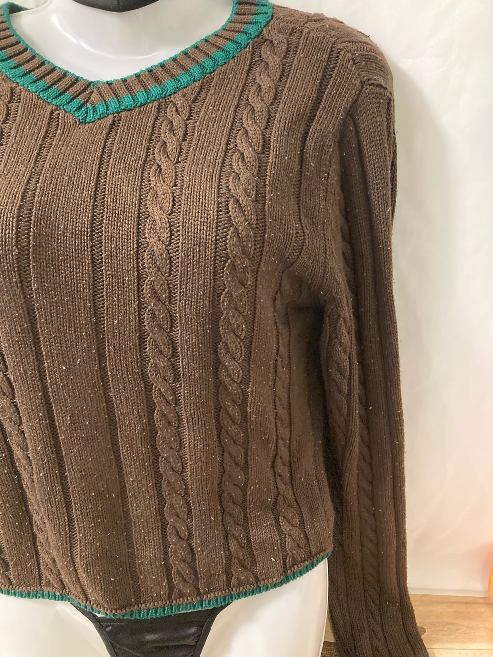 Zara Brown Cable Knit Sweater Teal Trim Size S - Picture 3 of 3